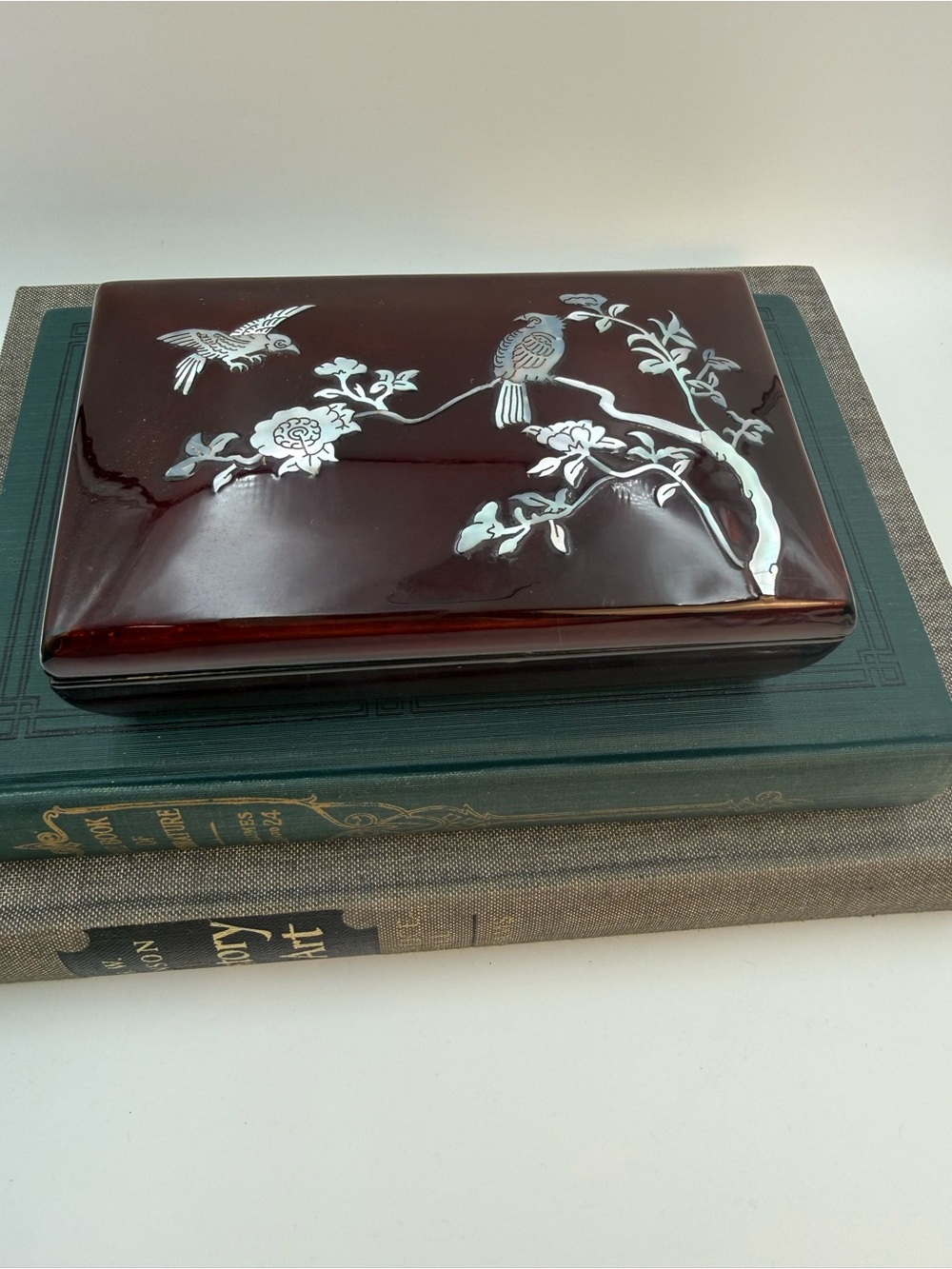 Vintage Korean Nacre Laquerware, W/Mother Pearl Inlay Bird